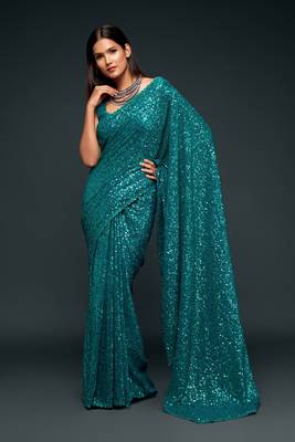 Teal blue Thread and multiple sequins embroidered Georgette Party wear Saree 3