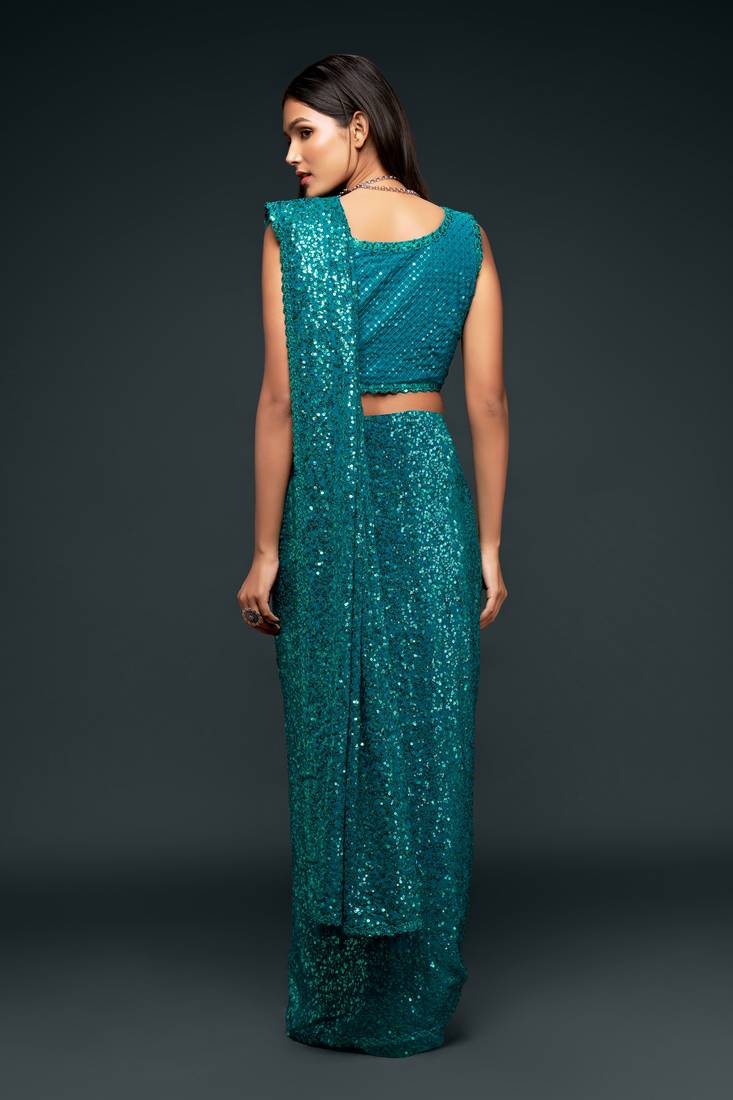 Teal blue Thread and multiple sequins embroidered Georgette Party wear Saree