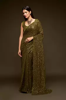 Olive green Thread and multiple sequins embroidered Georgette Designer Saree