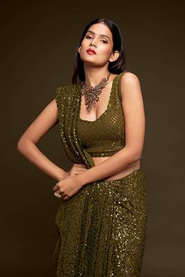Olive green Thread and multiple sequins embroidered Georgette Party wear Saree 2