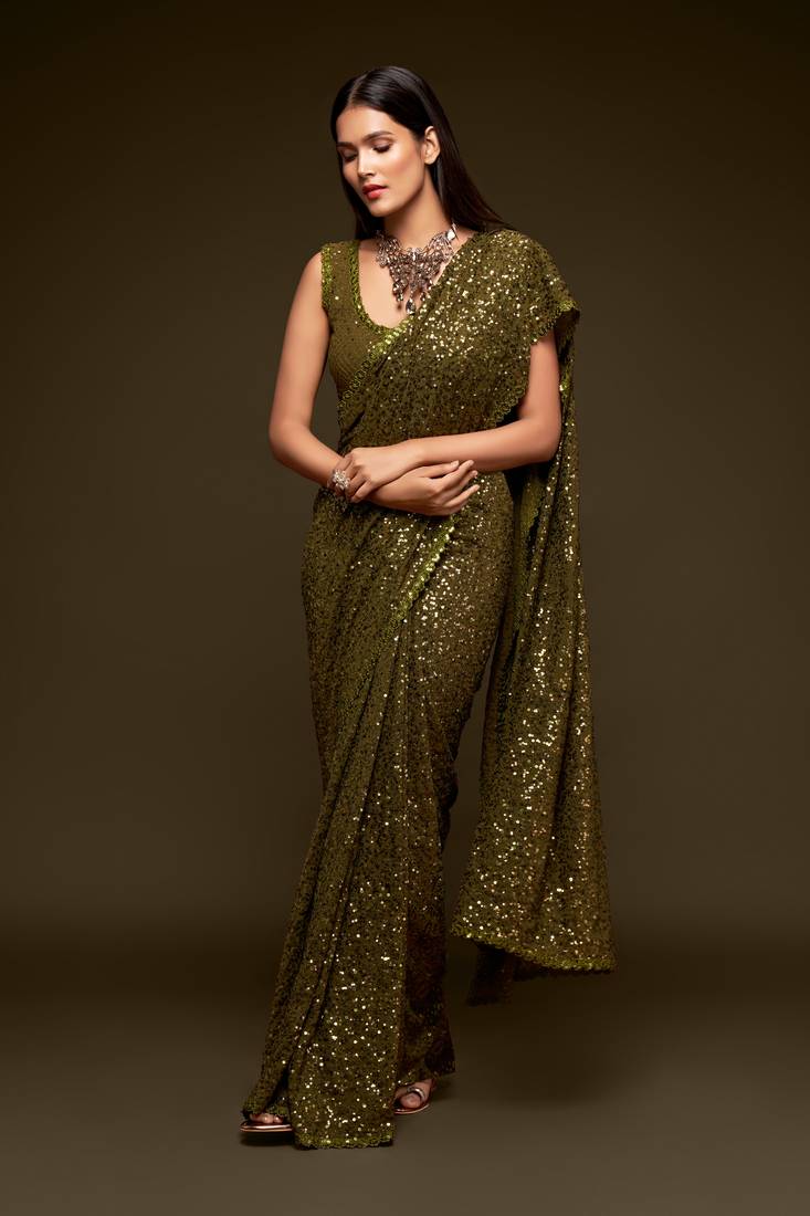 Olive green Thread and multiple sequins embroidered Georgette Party wear Saree