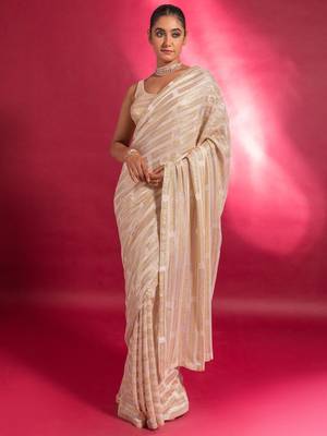 Ancient Ivory Thread And Multiple Sequins Embroidered Georgette Party Wear Saree 1