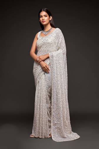 Pearl white Thread and multiple sequins embroidered Georgette Designer Saree