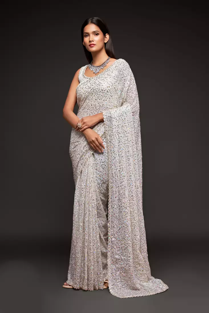 Pearl white Thread and multiple sequins embroidered Georgette Designer Saree