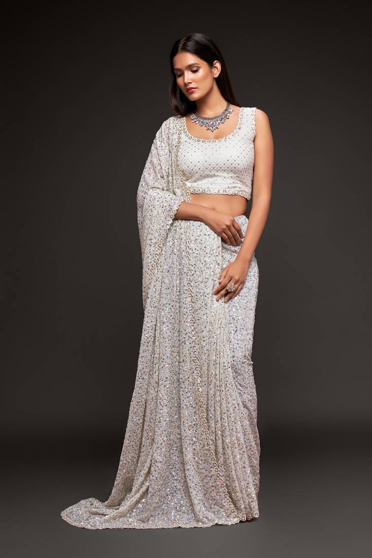Pearl white Thread and multiple sequins embroidered Georgette Designer Saree