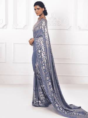 Slate Grey Thread And Multiple Sequins Embroidered Georgette Party Wear Saree 2