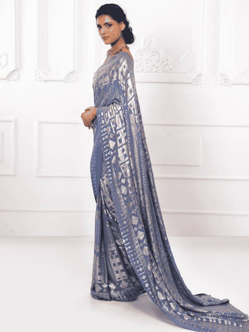 Slate Grey Thread And Multiple Sequins Embroidered Georgette Party Wear Saree