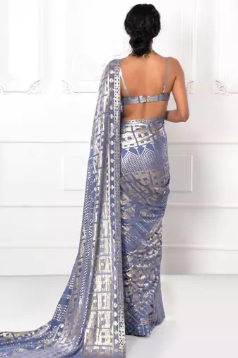 Slate Grey Thread And Multiple Sequins Embroidered Georgette Party Wear Saree