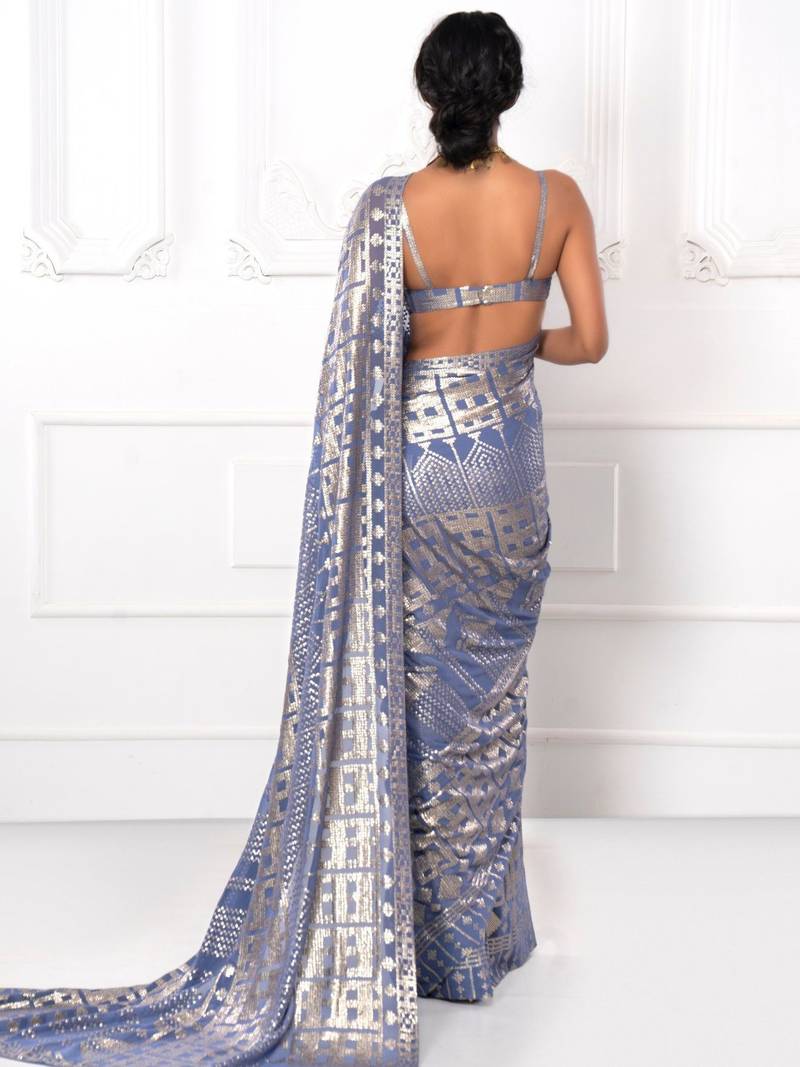Slate Grey Thread And Multiple Sequins Embroidered Georgette Party Wear Saree