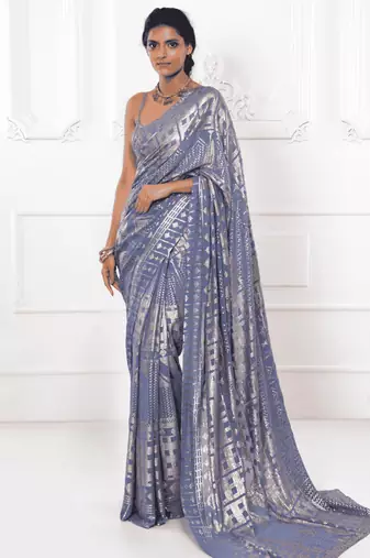 Slate Grey Thread And Multiple Sequins Embroidered Georgette Party Wear Saree