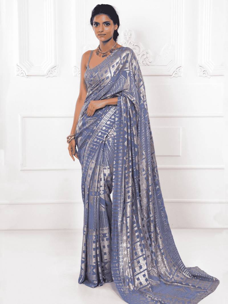 Slate Grey Thread And Multiple Sequins Embroidered Georgette Party Wear Saree