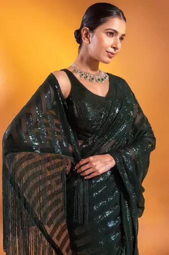Deep Green Sequins Embroidered Georgette Party Wear Saree