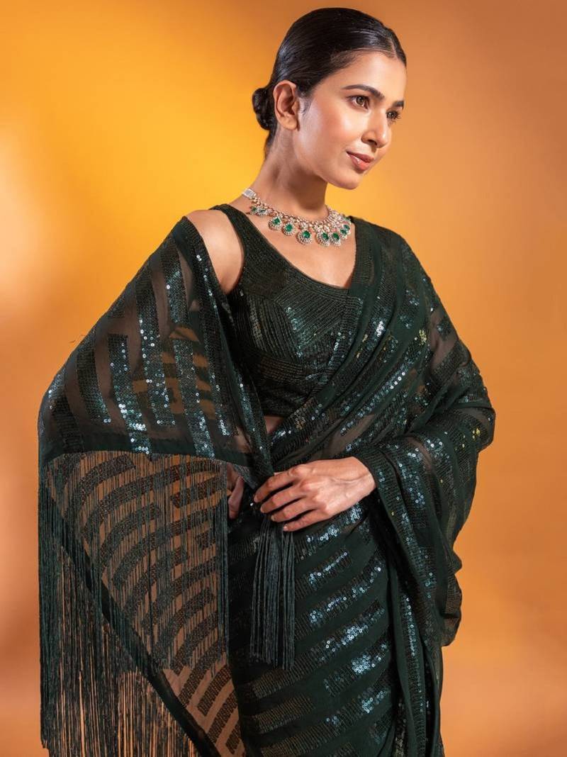 Deep Green Sequins Embroidered Georgette Party Wear Saree