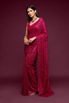 Hot pink Thread and multiple sequins embroidered Georgette Designer Saree