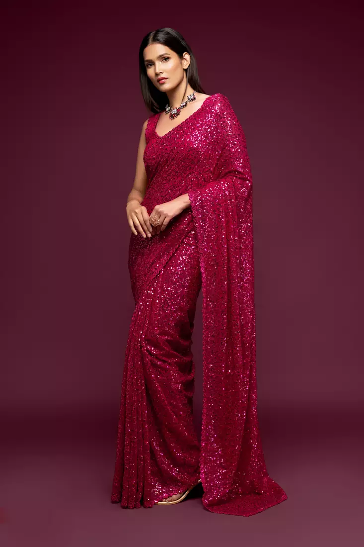 Hot pink Thread and multiple sequins embroidered Georgette Designer Saree