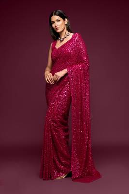Hot pink Thread and multiple sequins embroidered Georgette Party wear Saree 1