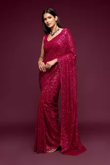 Hot pink Thread and multiple sequins embroidered Georgette Designer Saree
