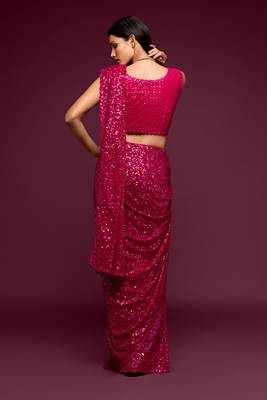 Hot pink Thread and multiple sequins embroidered Georgette Party wear Saree 4