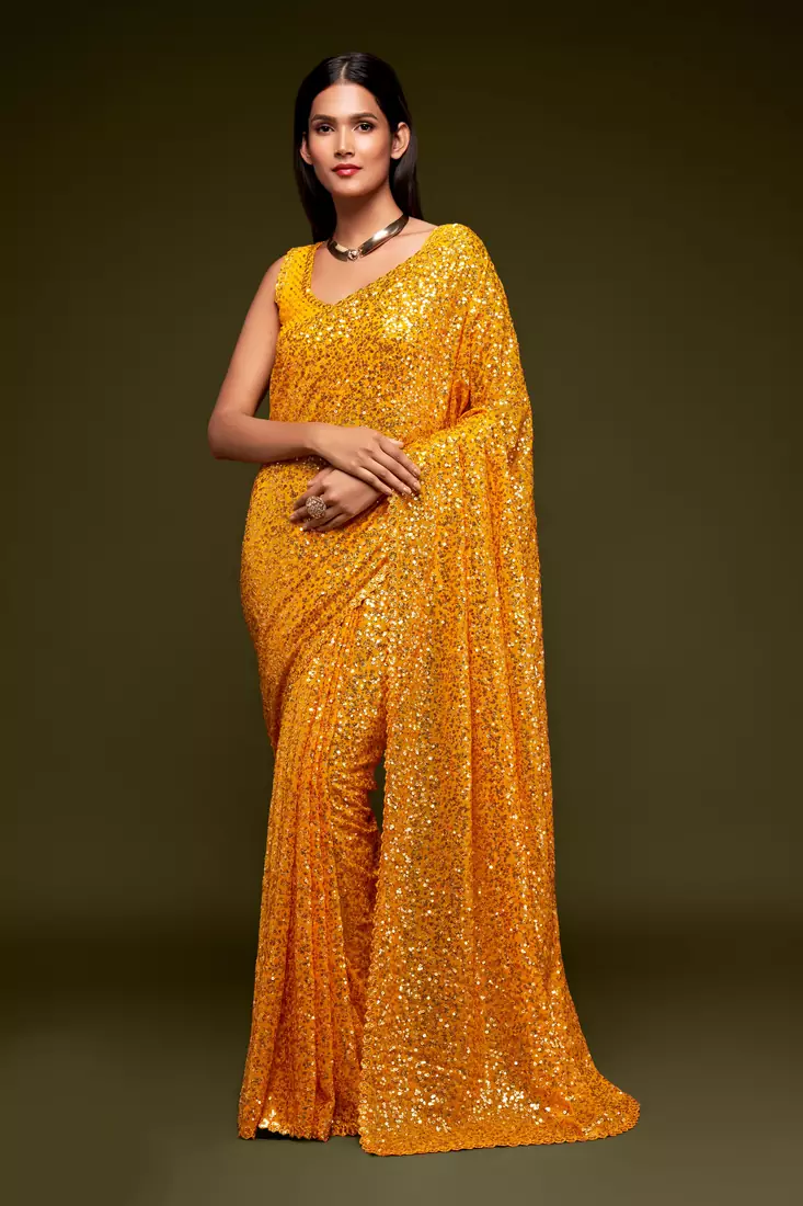Honey yellow Thread and multiple sequins embroidered Georgette Designer Saree