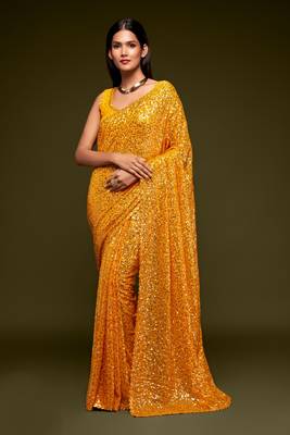 Honey yellow Thread and multiple sequins embroidered Georgette Party wear Saree 1