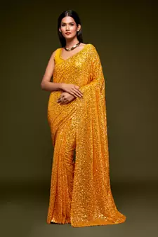 Honey yellow Thread and multiple sequins embroidered Georgette Designer Saree