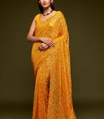Honey yellow Thread and multiple sequins embroidered Georgette Party wear Saree