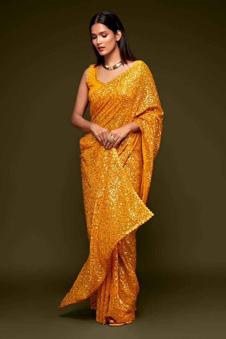 Honey yellow Thread and multiple sequins embroidered Georgette Designer Saree