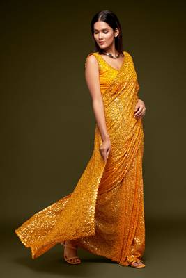 Honey yellow Thread and multiple sequins embroidered Georgette Party wear Saree 5