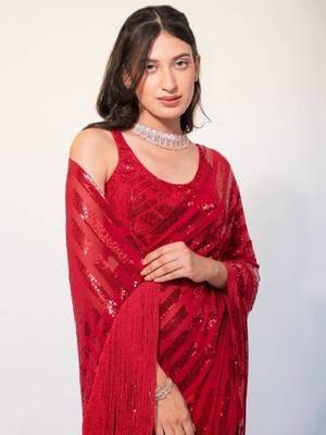 Ruby Red Thread And Multiple Sequins Embroidered Georgette Party Wear Saree 2