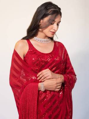 Ruby Red Thread And Multiple Sequins Embroidered Georgette Party Wear Saree 3