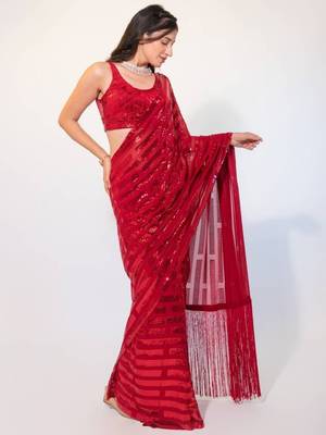 Ruby Red Thread And Multiple Sequins Embroidered Georgette Party Wear Saree 4