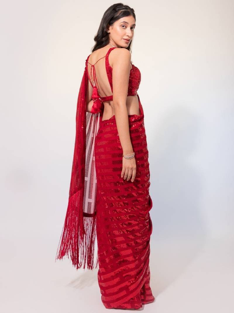 Ruby Red Thread And Multiple Sequins Embroidered Georgette Party Wear Saree
