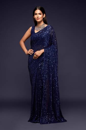 Blush blue Thread and multiple sequins embroidered Georgette Designer Saree