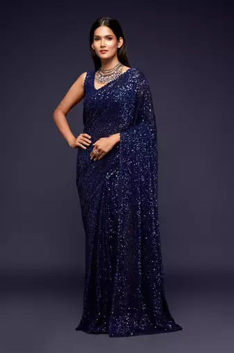 Blush blue Thread and multiple sequins embroidered Georgette Designer Saree