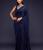 Blush blue Thread and multiple sequins embroidered Georgette Designer Saree