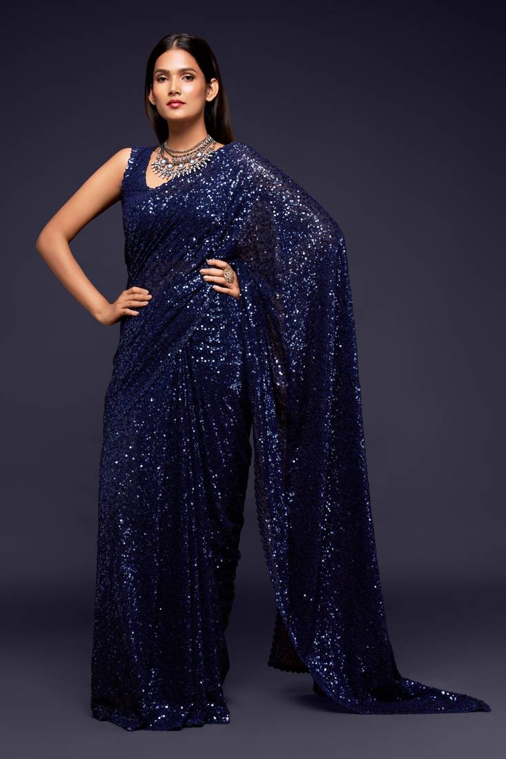 Blush blue Thread and multiple sequins embroidered Georgette Designer Saree