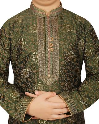 Green printed silk boys-kurta-pyjama 4