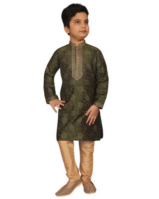 Green printed silk boys-kurta-pyjama 5