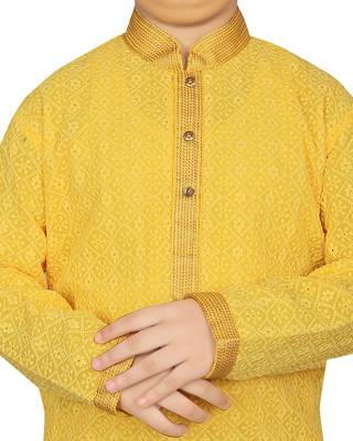 Yellow embroidered chiffon boys-kurta-pyjama 4