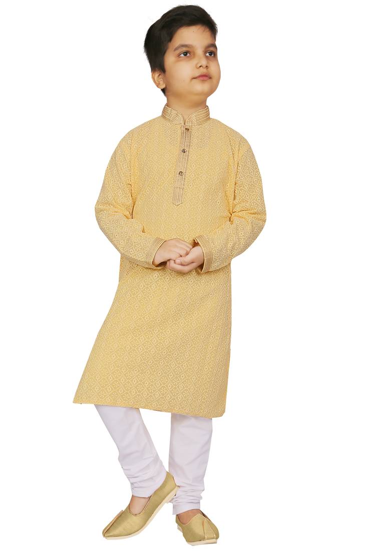 Yellow embroidered chiffon boys-kurta-pyjama