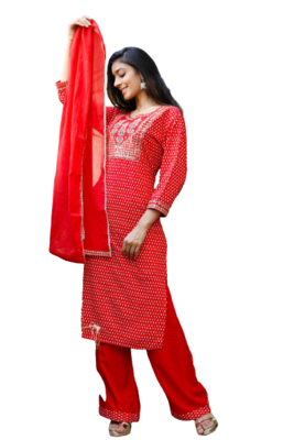  Red Kurti Pant Duptta 2