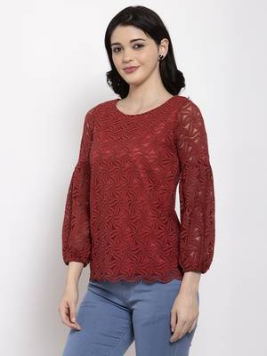 Maroon plain net party-tops 2