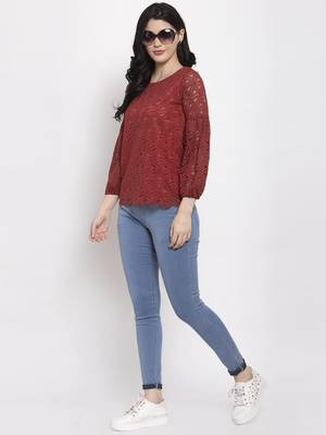 Maroon plain net party-tops 3
