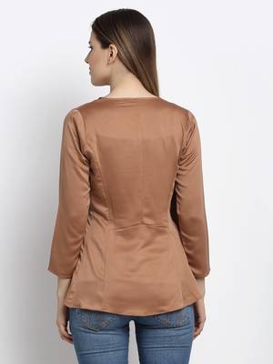 Brown plain silk blend party-tops 4