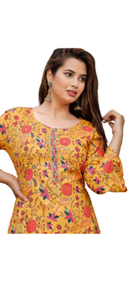 yellow Beautiful Rayon Kurti With Sharara Bell Sleeves Kurti  1