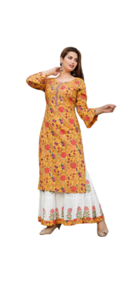 yellow Beautiful Rayon Kurti With Sharara Bell Sleeves Kurti  3