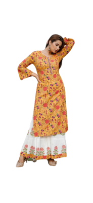 yellow Beautiful Rayon Kurti With Sharara Bell Sleeves Kurti  4