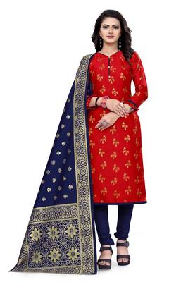  Red Banarasi silk Unstitched dress material 2
