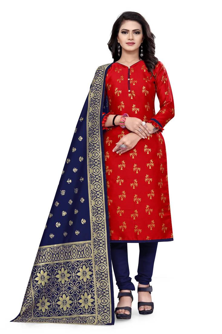  Red Banarasi silk Unstitched dress material