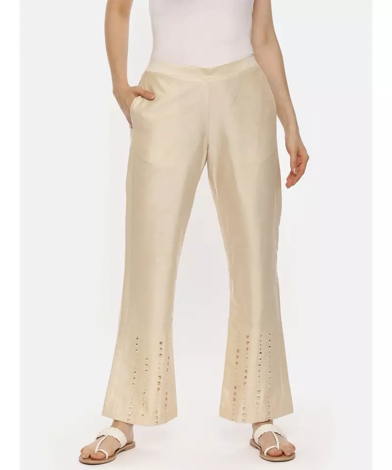 Beige Silk Embroidered Pant